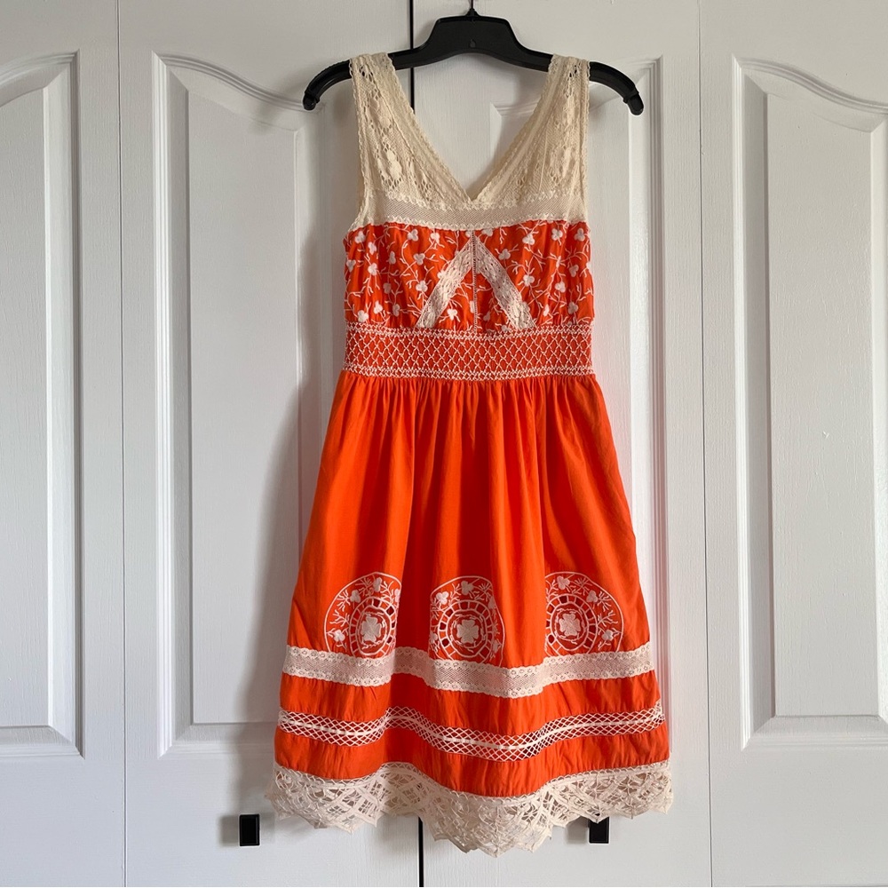 Anthropologie Moulinette Soeurs Orange Cream embroidered Sundress Sleeveless 6